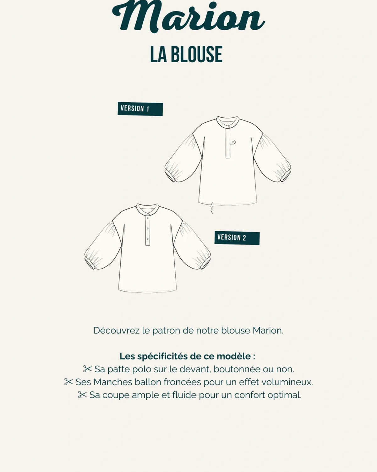 Illustration technique du patron de la blouse Marion, montrant options de fermetures.