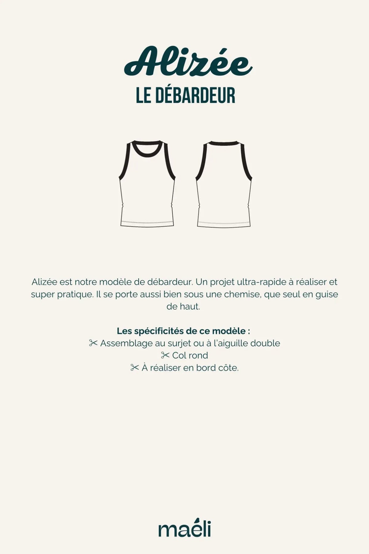 Illustration technique du patron du débardeur Alizée, montrant ses spécificités.