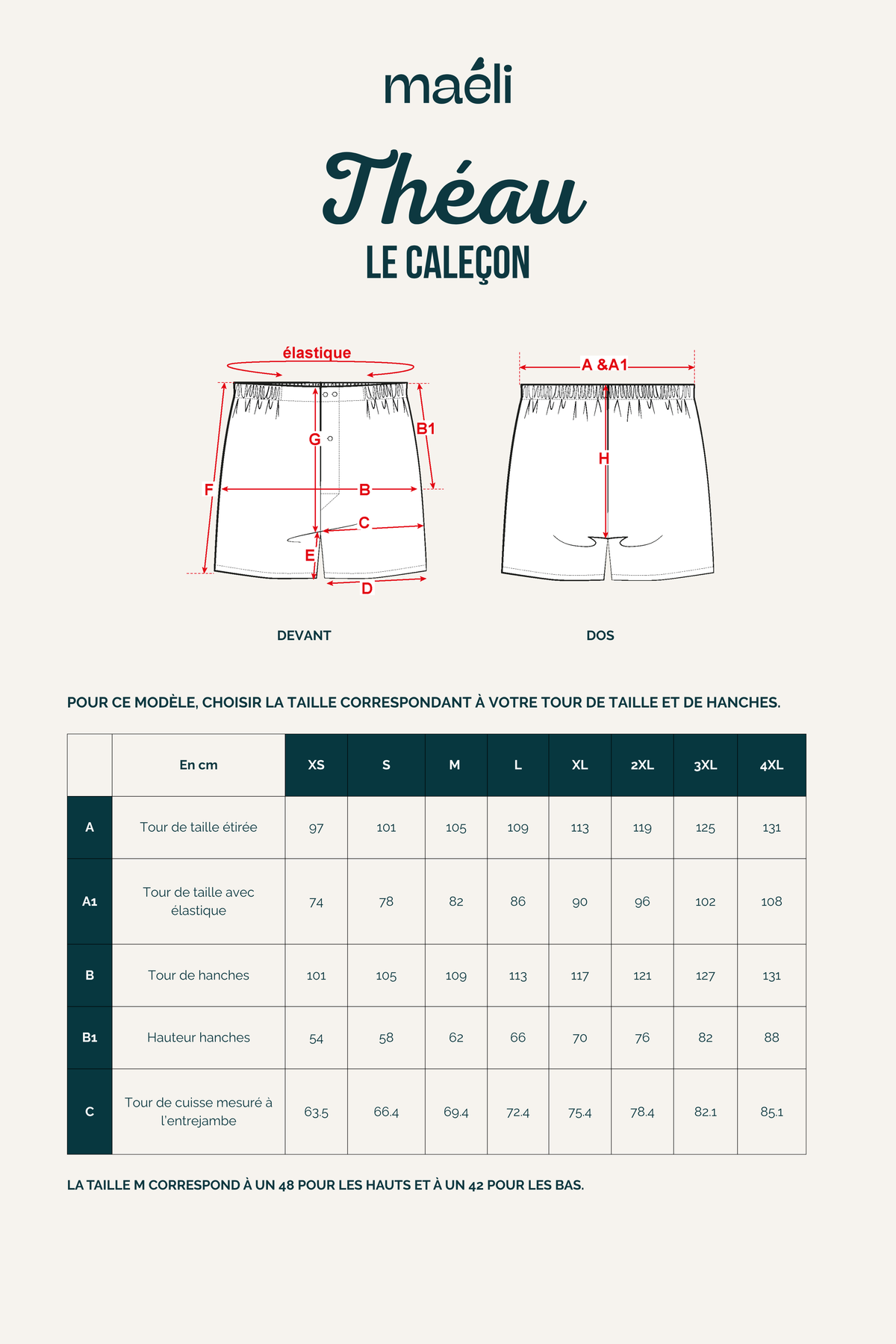 Guide des tailles du patron de couture caleçon homme Théau avec tableau de mesures détaillé pour choisir la taille adaptée