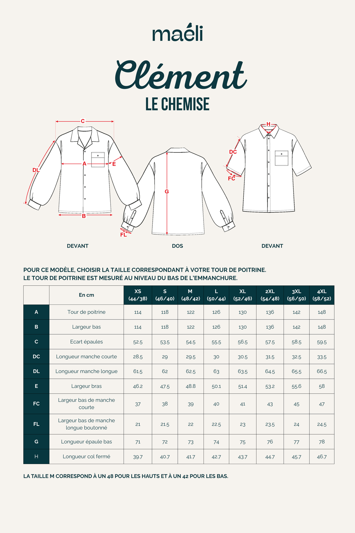 Guide des tailles du patron de couture chemise homme Clement du XS au 4XL avec schema technique et mesures du vetement fini