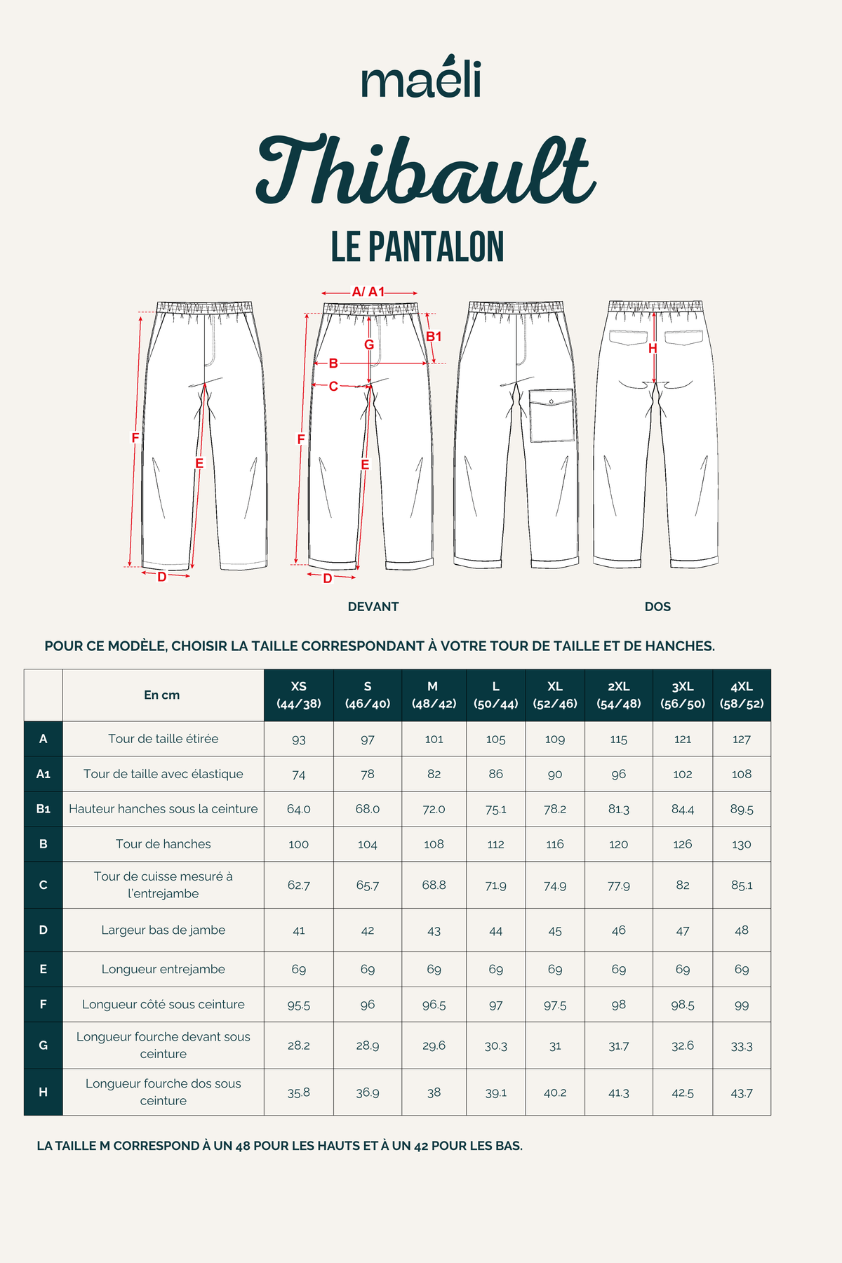 Guide des tailles du patron de couture pantalon homme Thibault avec tableau des mesures du vêtement fini