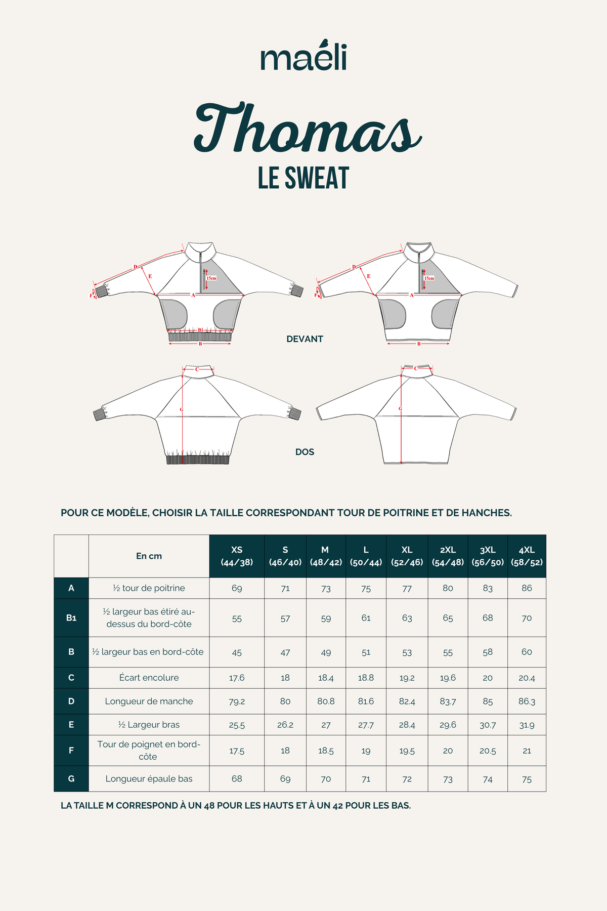 Guide des tailles du patron de couture sweat homme Thomas avec tableau de mesures du XS au 4XL