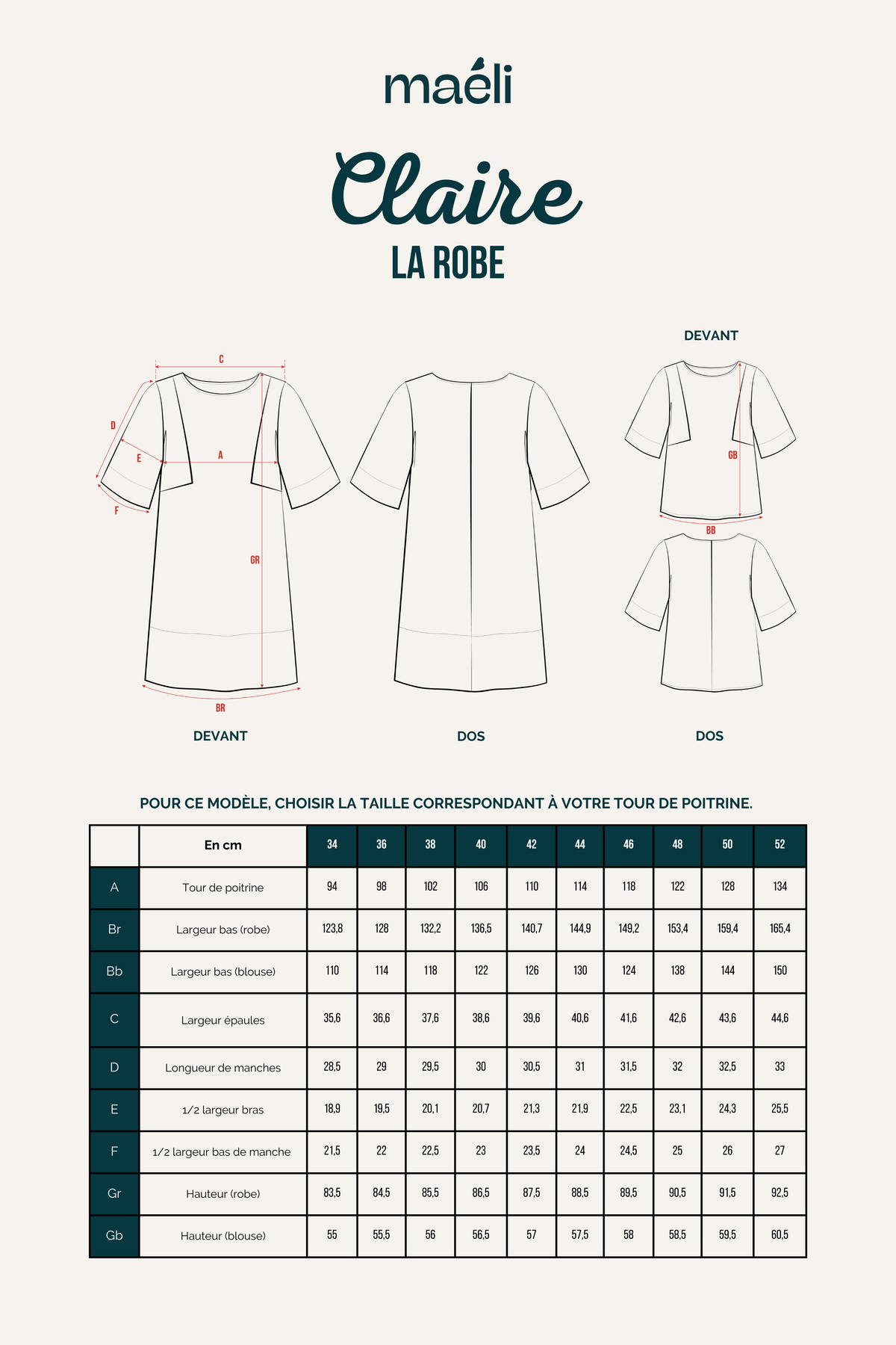 patron couture robe claire tableau des tailles mesures robe et blouse fiche technique