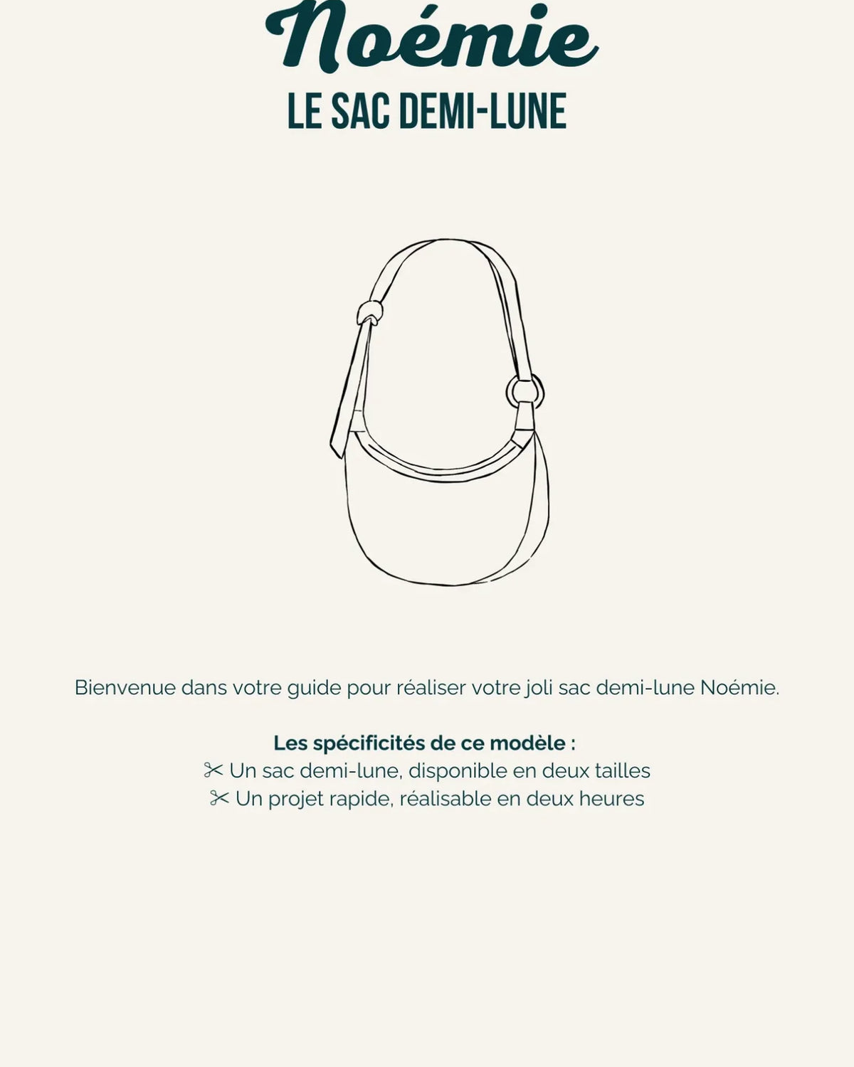 Illustration technique du sac demi-lune Noémie, guide couture.