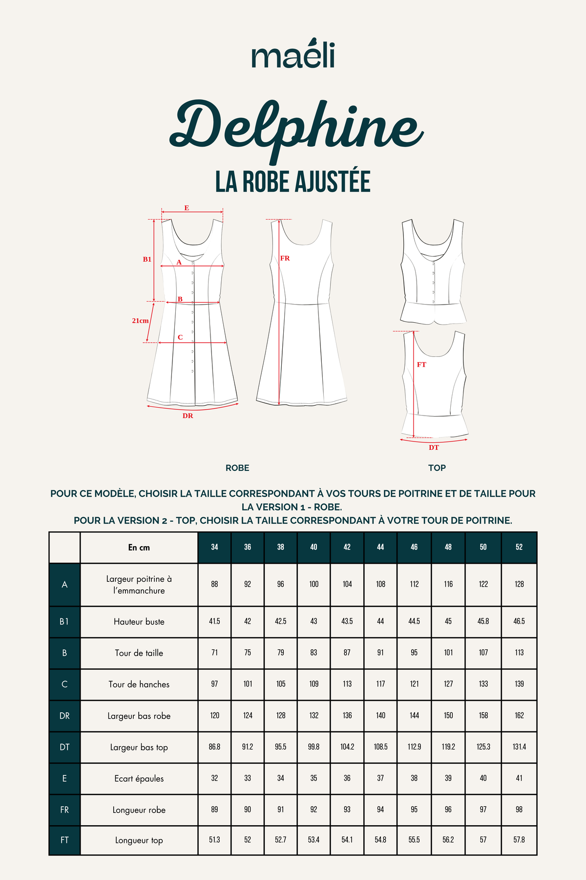 Patron de couture robe Delphine schéma technique avec version robe et top et tableau des tailles