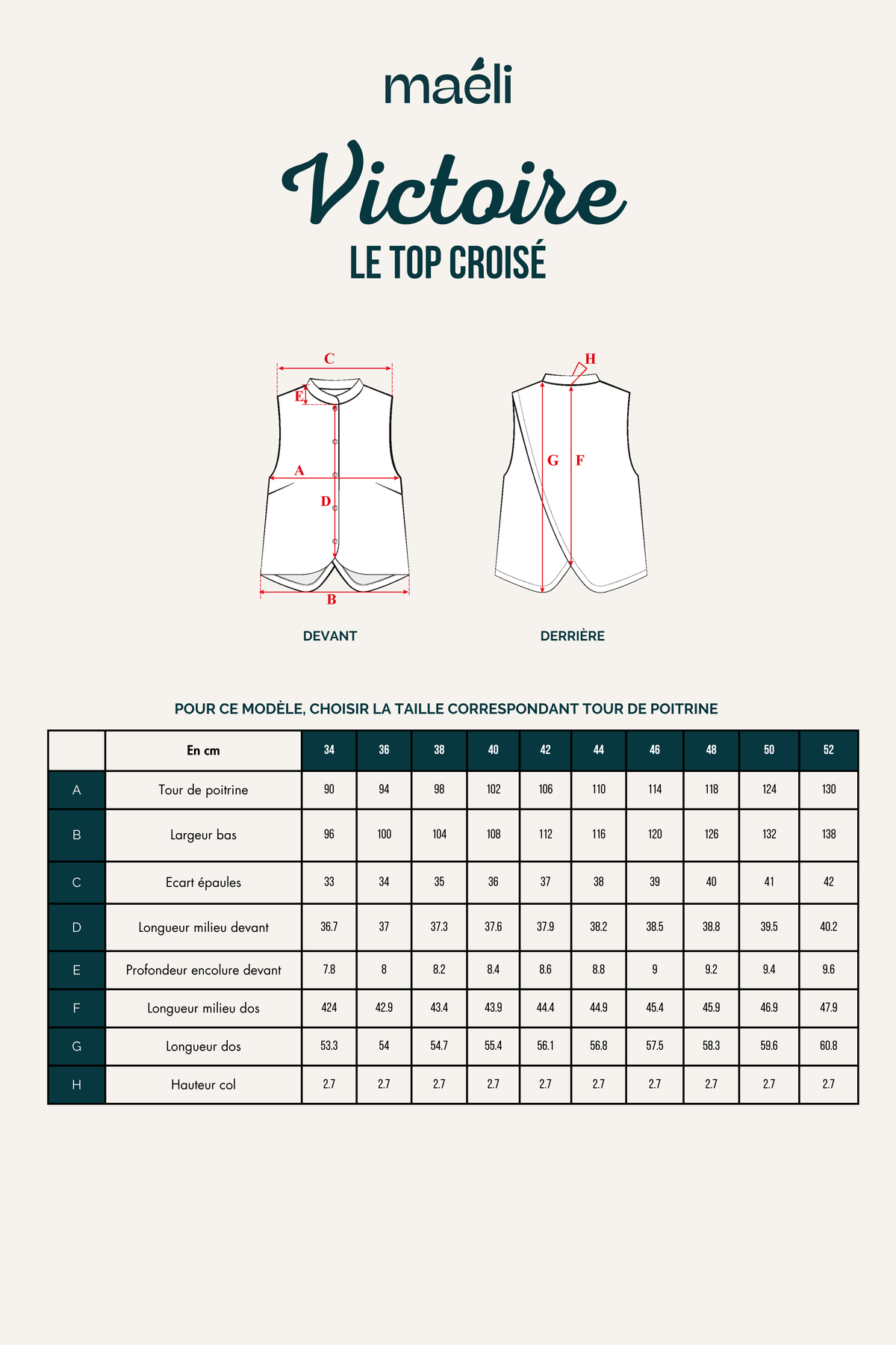 Patron de couture top croisé Victoire schéma technique avec mesures et tailles