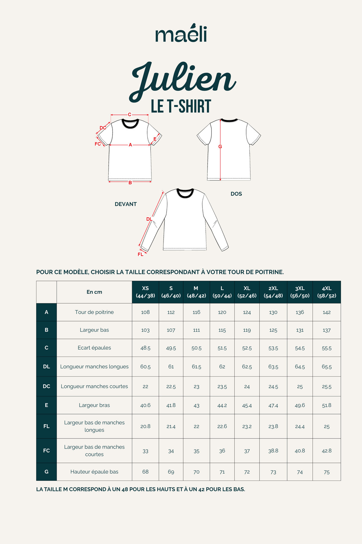 Tableau des mesures du patron de couture T-shirt homme Julien avec versions manches courtes et manches longues du XS au 4XL