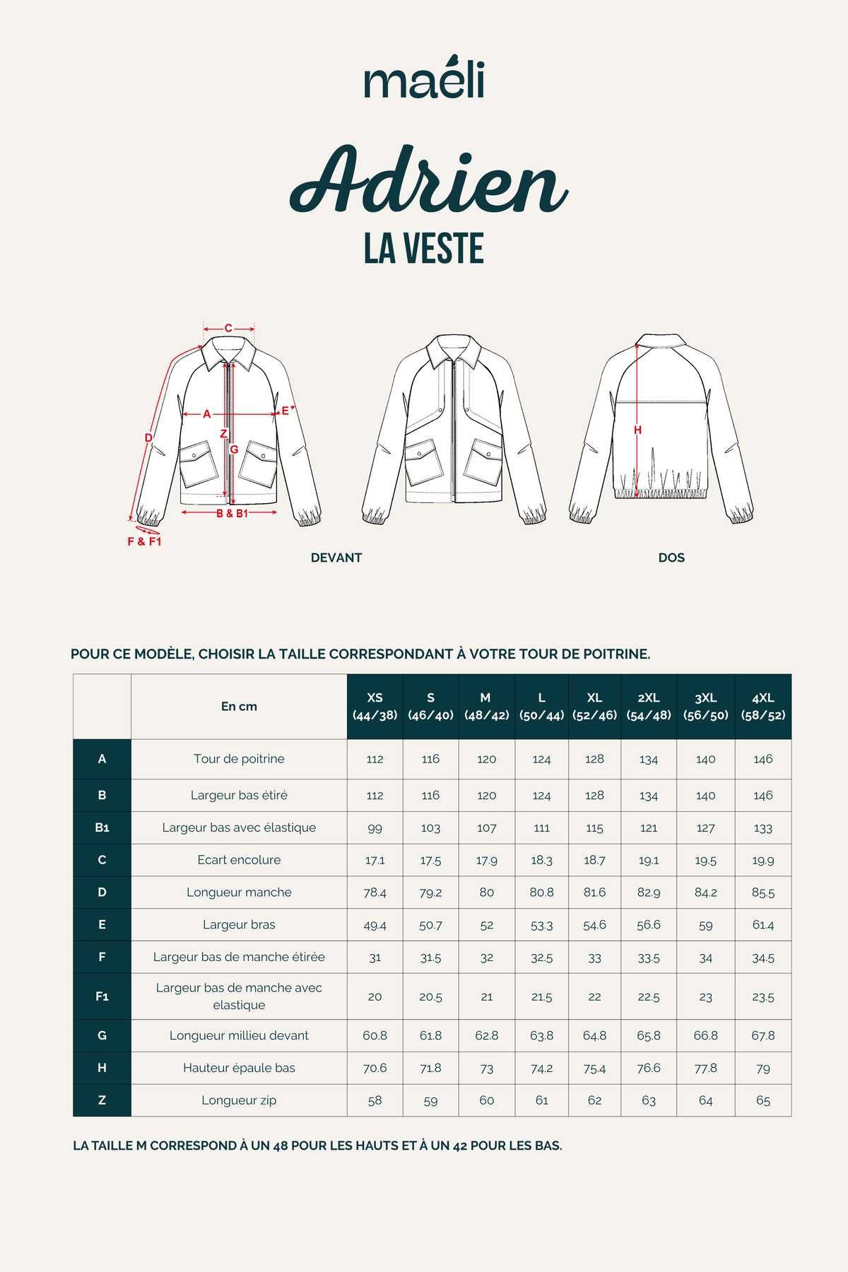 Tableau des mesures du patron de couture veste homme Adrien avec dimensions détaillées du XS au 4XL