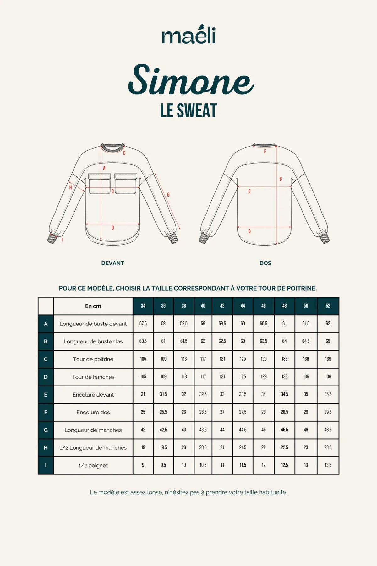 Schéma technique du sweat Simone de Maéli Paris.