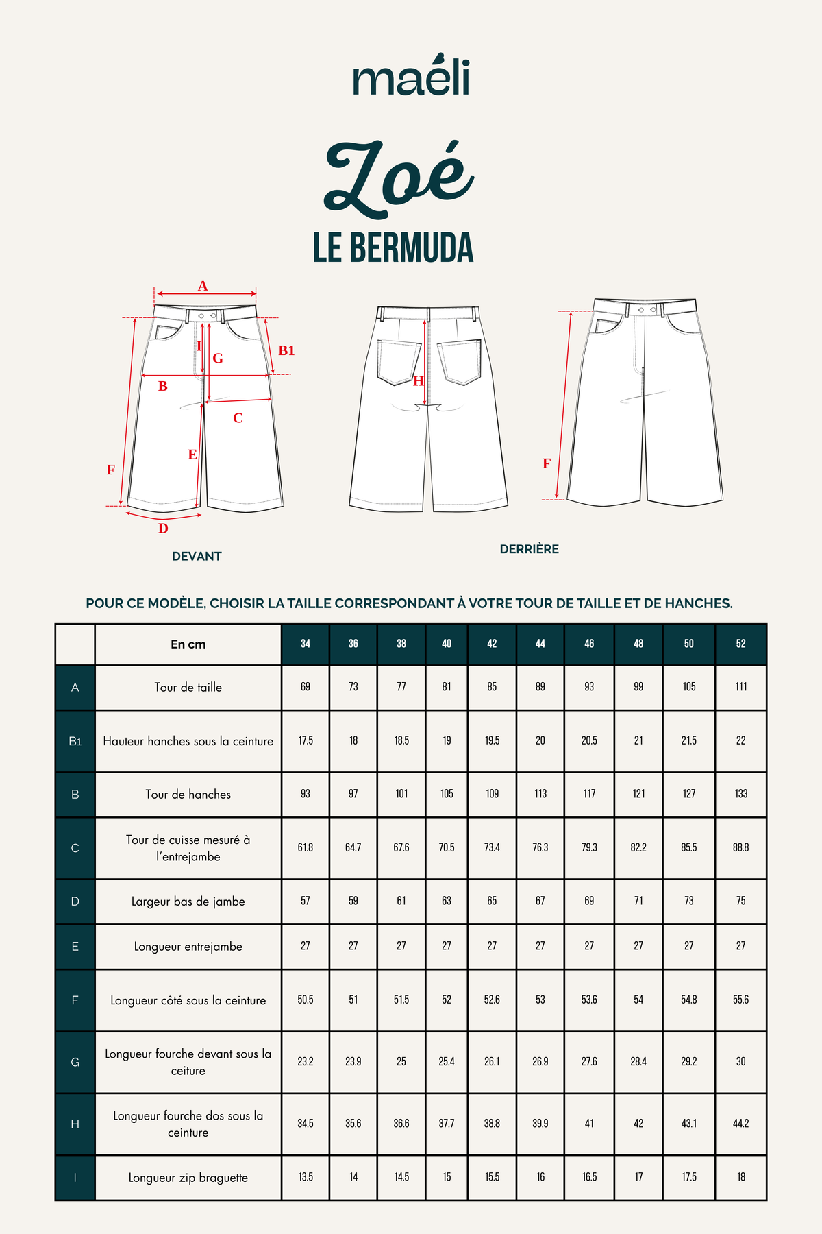 Patron de couture bermuda Zoé schéma technique avec mesures et tableau des tailles