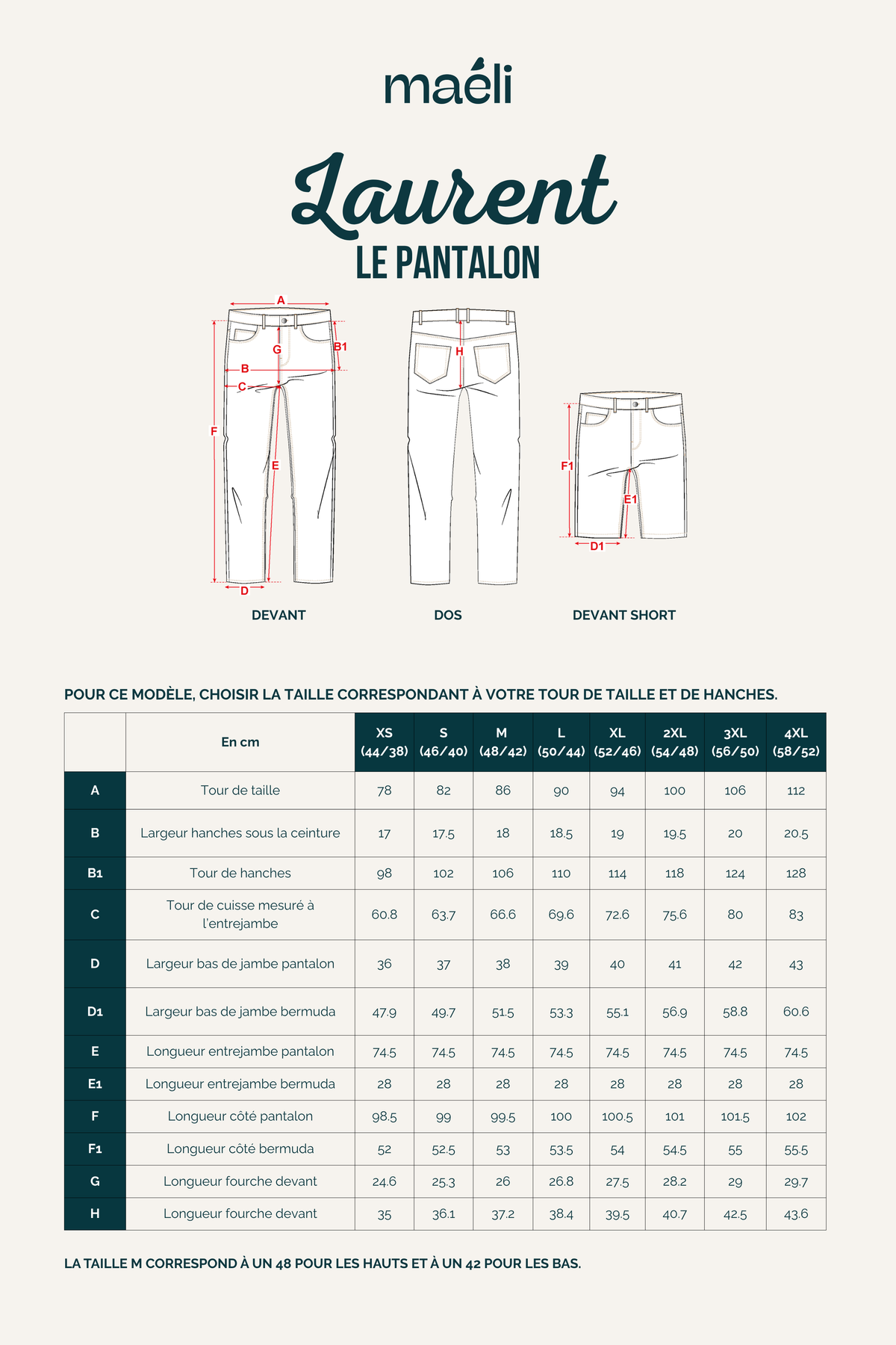 Guide des tailles du patron de couture pantalon homme Laurent avec mesures du pantalon et du bermuda