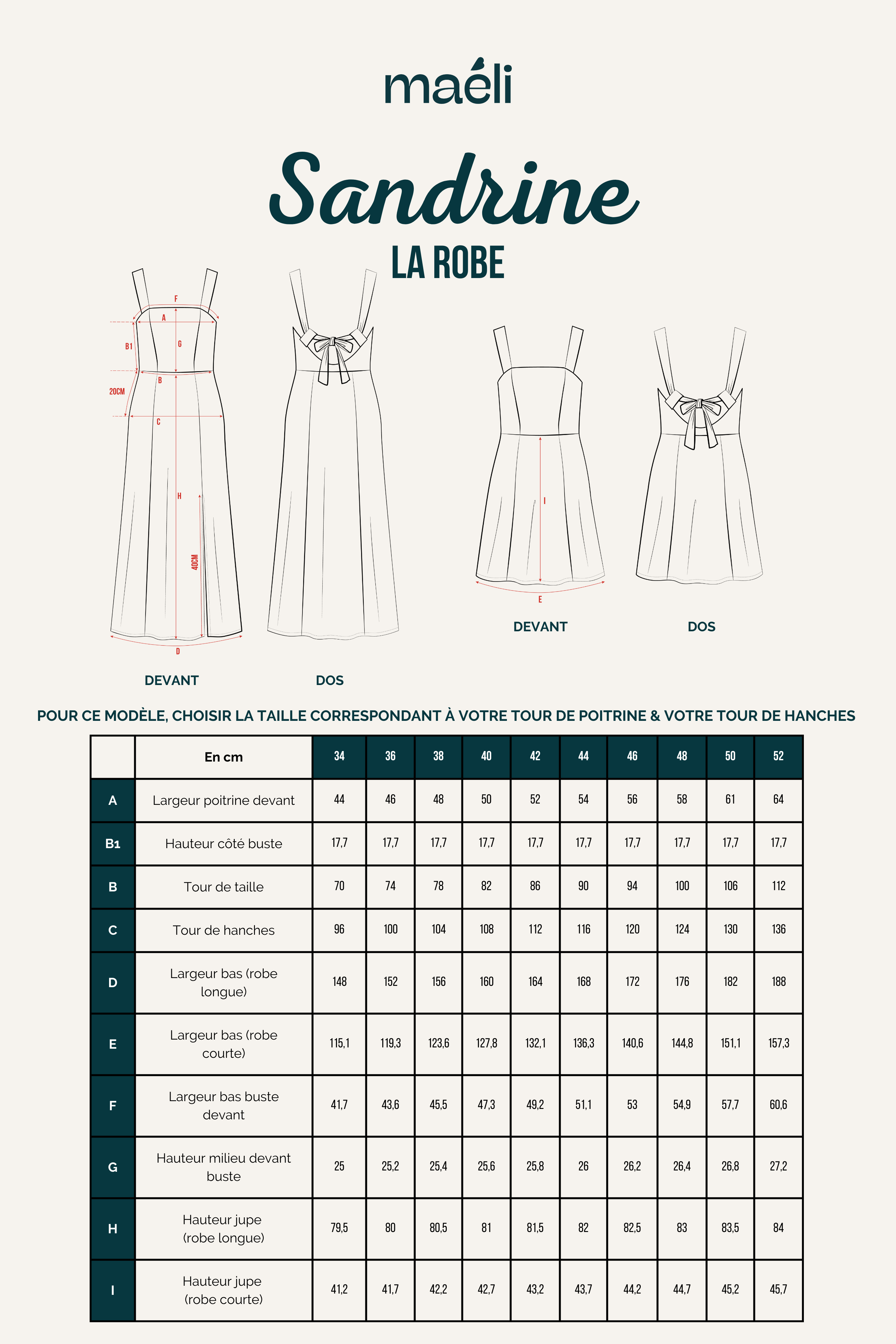 Plan technique du patron robe Sandrine avec schema de coupe et tableau des tailles couture