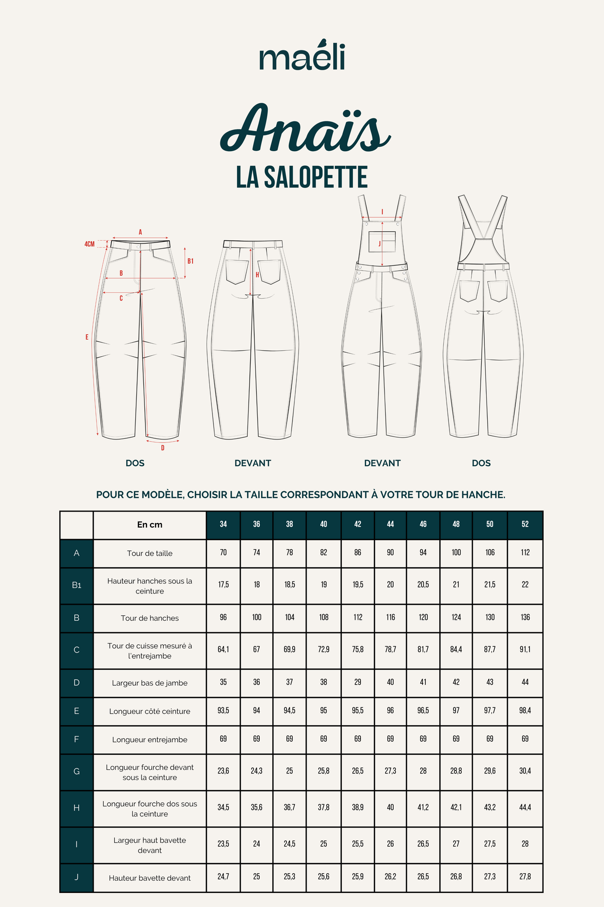 Patron salopette Anais inclus dans le coffret couture avec plan technique et tableau des tailles pour choisir sa coupe