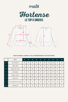 Patron de couture top Hortense schéma technique avec mesures et tableau des tailles